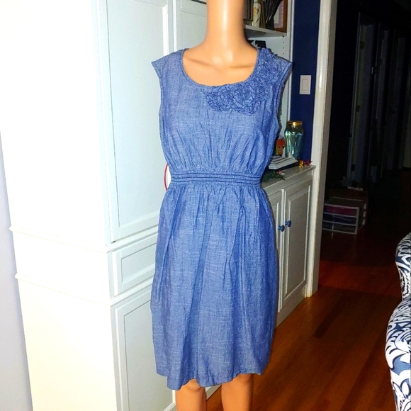 Sleeveless Denim Floral Midi Dress Elastic Waist Above Knee SMALL - Picture 1 of 12